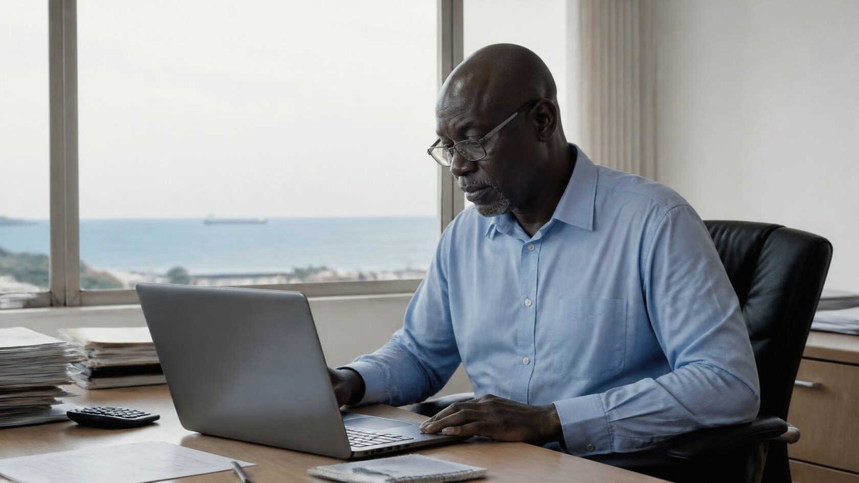 An accountant in an office in Dakar working on a laptop.