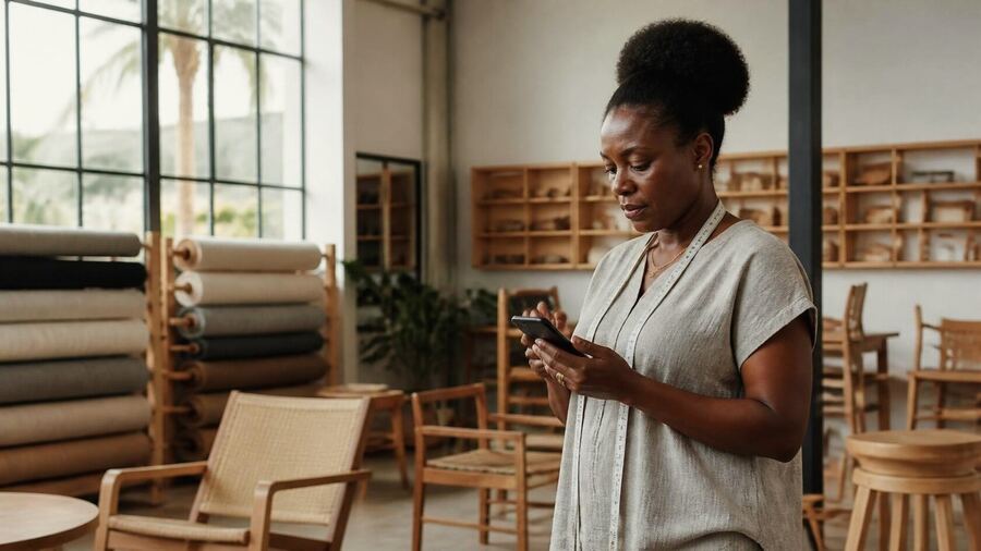 A workshop owner in Abidjan checking her phone.