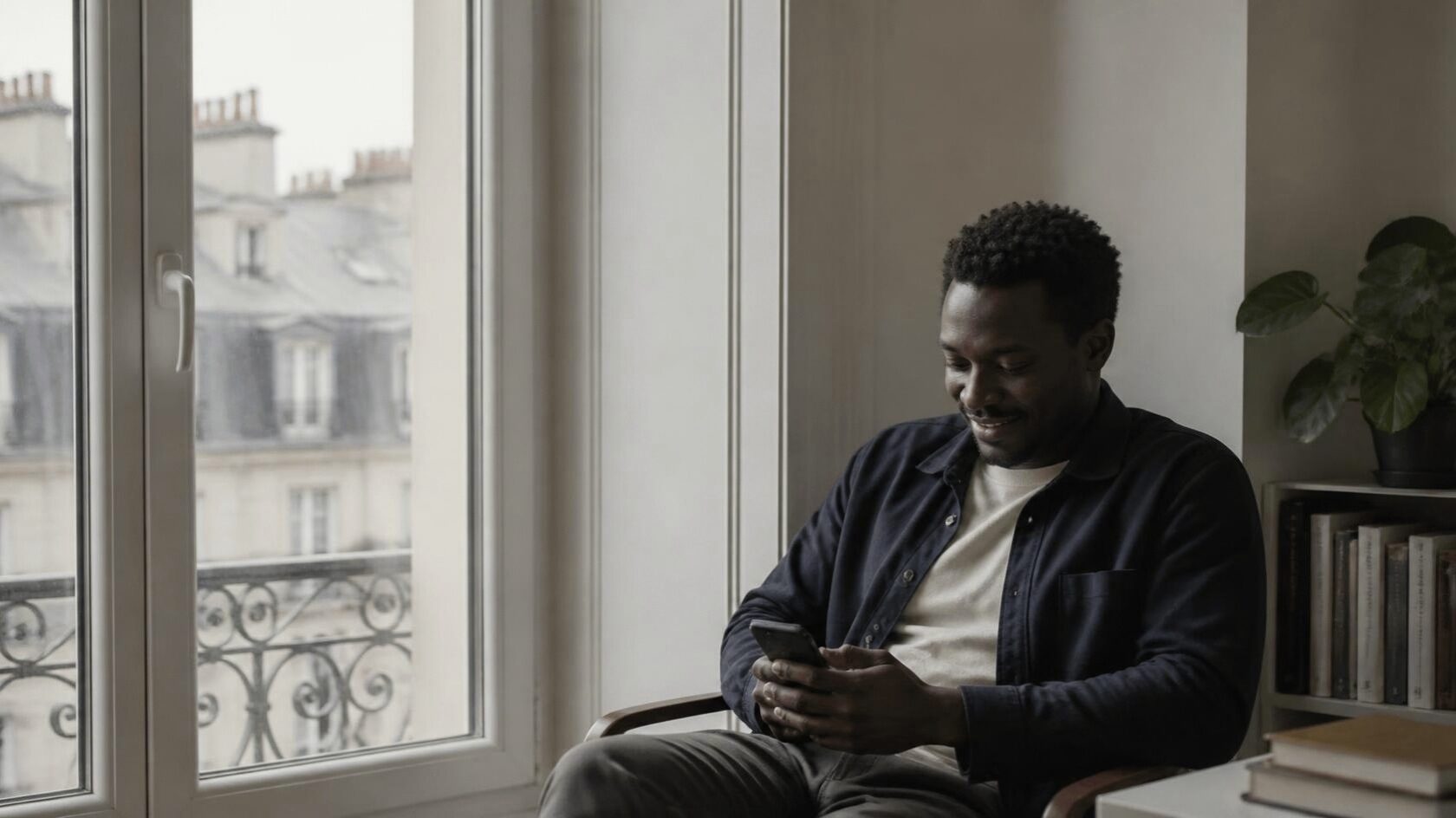 A man by a window in a Paris apartment, smiling at his phone.