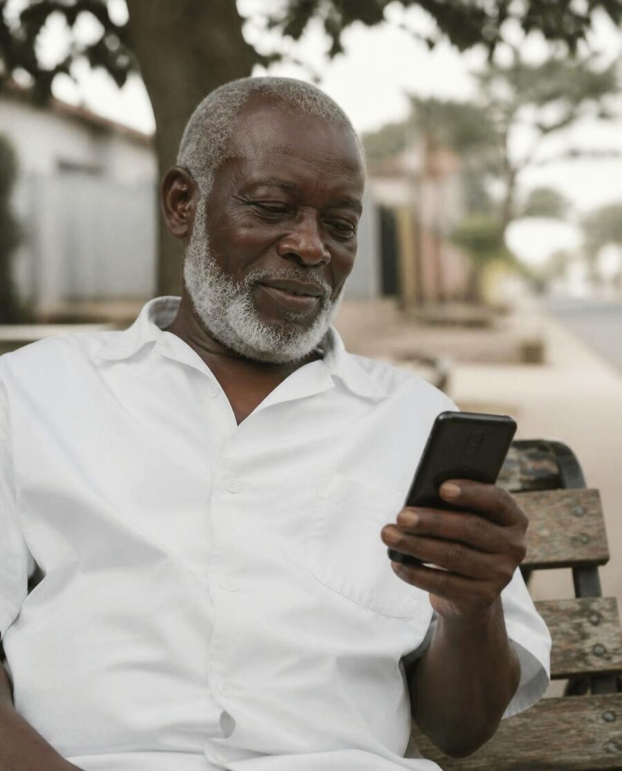A retired man on a bench, reading a message on his phone.