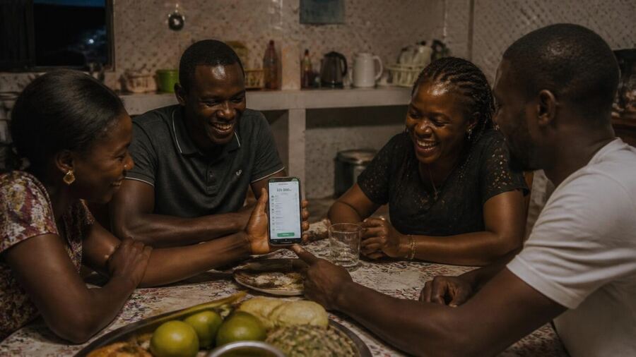 A family around the kitchen table, looking at a phone together.