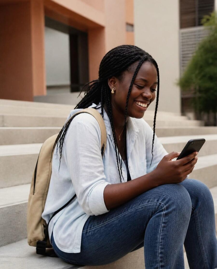 A student on campus steps, laughing at her phone.